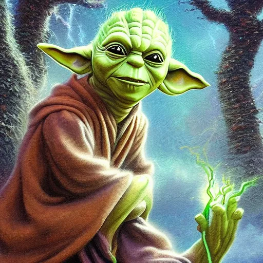 Prompt: Painting of a fusion of Yoda and Groot, Thomas Kinkade