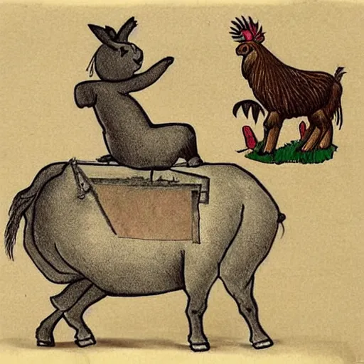 Prompt: an old donkey with an dog on its back with and a cat on its back and a rooster on its back, they are making music