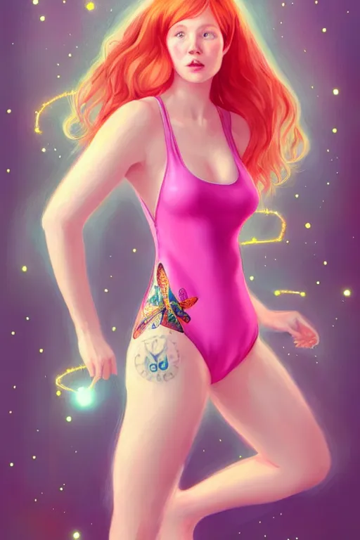 Image similar to beautiful full body portrait of a ginger woman in pigtails, wearing a sparkling pink one piece swimsuit with giant! dragonfly wings, by wlop and artgerm, steampunk! fiction, detailed eyes, starry background, trending, on artstation.