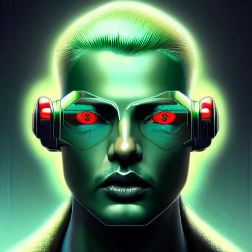 Image similar to man with extremely large and intricate haircut with angry green eyes and slim features looking askance, eye cyberpunk bionics, retro futurist style, intricate, elegant gleaming intricate baroque jewelry, angelic halo, highly detailed, digital painting, artstation, concept art, smooth, sharp focus, illustration, art by wlop, mars ravelo and greg rutkowski,