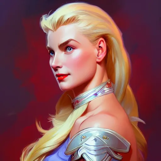 Image similar to Blonde Grace Kelly as She-Ra, western, D&D, fantasy, intricate, elegant, highly detailed, digital painting, artstation, concept art, matte, sharp focus, illustration, art by Artgerm and Greg Rutkowski and Alphonse Mucha