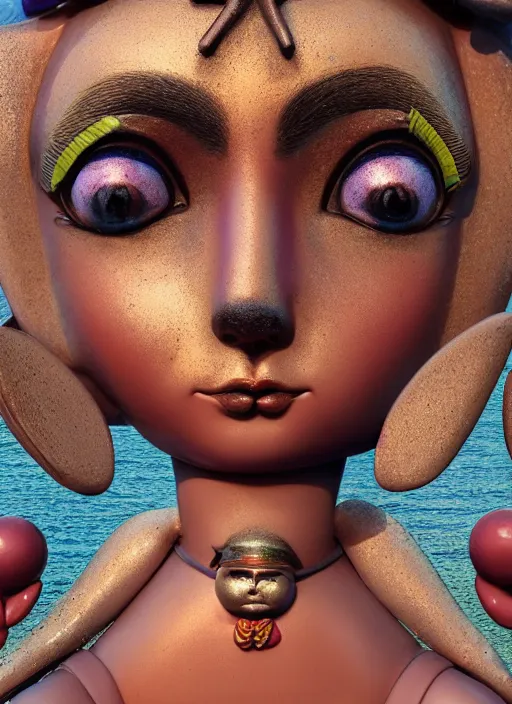 Image similar to closeup profile portrait of tin toy bikini girl surf sand, depth of field, zeiss lens, detailed, symmetrical, centered, fashion photoshoot, by nicoletta ceccoli, mark ryden, lostfish, breathtaking, 8 k resolution, extremely detailed, beautiful, establishing shot, artistic, hyperrealistic, octane render