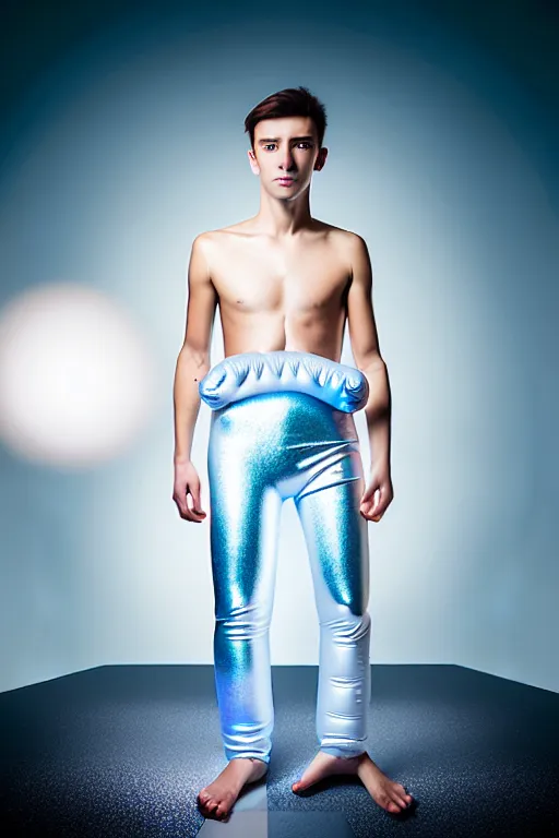 Image similar to un ultra high definition studio quality photographic art portrait of a young man standing on the rooftop of a british apartment building wearing soft baggy inflatable padded silver iridescent pearlescent clothing. three point light. extremely detailed. golden ratio, ray tracing, volumetric light, shallow depth of field. set dressed.