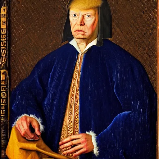 Image similar to portrait of donald trump, oil painting by jan van eyck, northern renaissance art, oil on canvas, wet - on - wet technique, realistic, expressive emotions, intricate textures, illusionistic detail