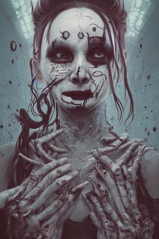 Image similar to portrait of a creepy horror punk girl . intricate abstract. intricate artwork. nightmare fuel. terrifying. by Tooth Wu, wlop, dan mumford , trending on artstation, greg rutkowski very coherent symmetrical artwork. cinematic, hyper realism, high detail, octane render, 8k