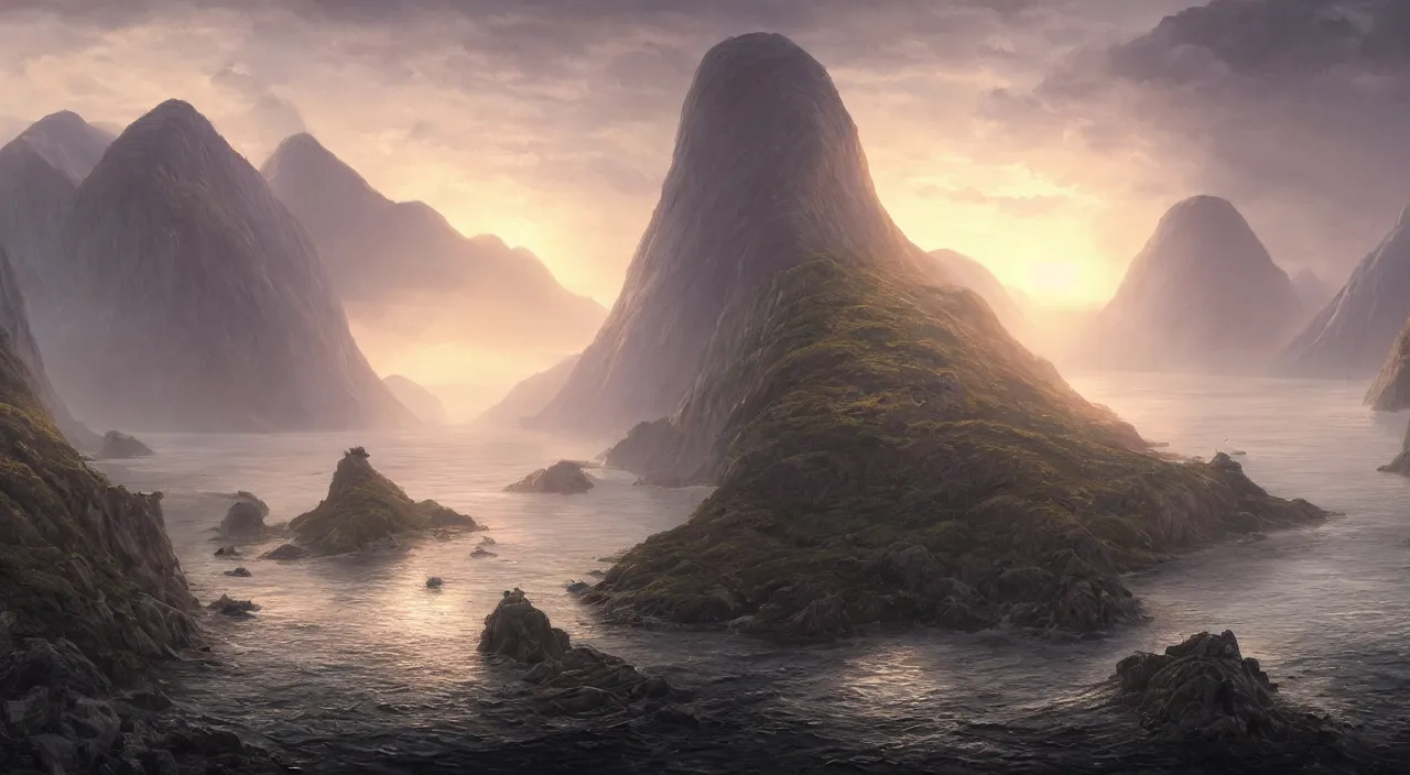 Image similar to hyper realistic detailed matte painting of fiord with one tower ruins, calm foggy sea in the background, sunset lighting, hyperdetailed unreal engine 8 k ultra hd, stanley artgerm lau, rossdraws, james jean marc simonetti ruan jia and mandy jurgens and artgerm and william illustration, digital art, concept art