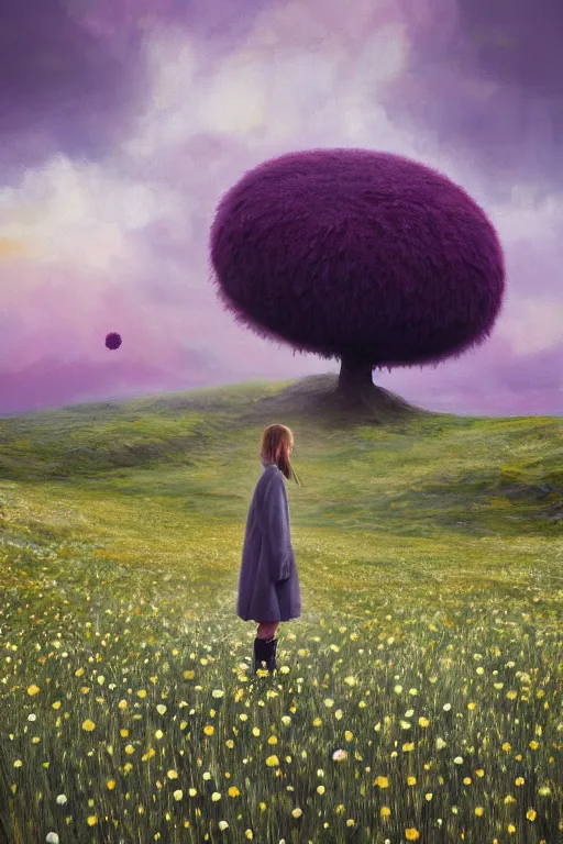 Image similar to portrait, enormous daisy flower head, a girl wearing coat in heather field, surreal photography, wind and cold, dramatic sky, impressionist painting, digital painting, artstation, simon stalenhag