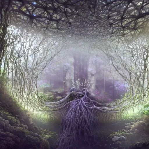 Image similar to biocomputer heart organ intertwined with white biocomputer flowers in a biomechanical cave forest, intricate environment, matte painting, diffused lighting, highly detailed cinematic, atmosphere, diffused lighting, highly detailed digital art, trending on artstation, depth of field, wide angle