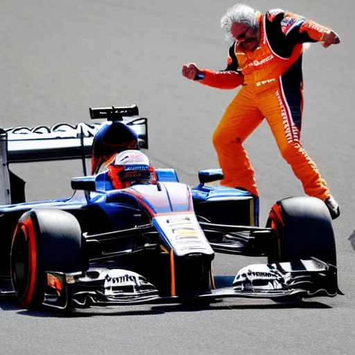 Image similar to high quality photograph of fernando alonso winning the formula 1 world championship together with flavio briatore