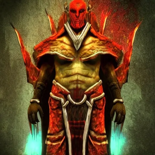 Image similar to Bright, colorful, realistic dark gritty individual elder scrolls morrowind Dagoth Ur, known as Voryn Dagoth in life, and whom Vivec would later come to call The Sharmat, was a powerful Chimer lord and Lord High Councillor to House Dagoth, and is the main antagonist of The Elder Scrolls III: Morrowind full body backlighting, kodachrome, high contrast, highly detailed, sharp focus, digital painting, concept art, illustration, trending on artstation, comic book by Alex Ross cover art