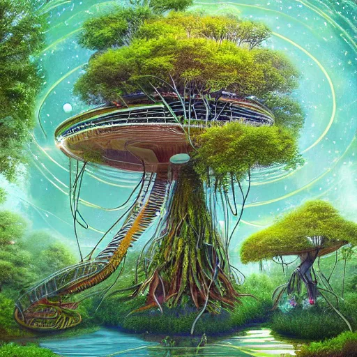 Prompt: futuristic treehouse in alien forest with unusual tangled flowering alien plants and trees and luminous pond detailed 8k magical realism painting