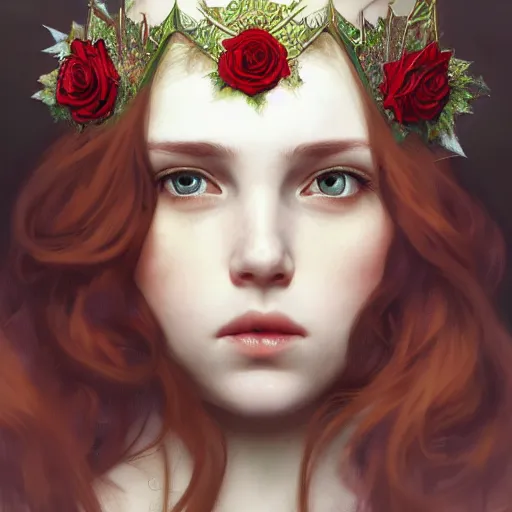 Image similar to portrait of very beautifull girl, thorn rose crown, thorn everywhere, headshot, pale skin, 4k, rule of thirds, extreme detail, detailed drawing, trending artstation, hd, fantasy, D&D, realistic lighting, by Alphonse Mucha, Greg Rutkowski, sharp focus, backlit, bright red hair, elegant