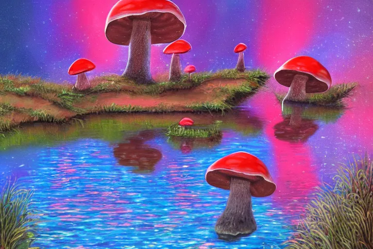 Image similar to a painting of giant mushrooms with next to a small bridge, flowing water, digital art, scenic, reds, purples, pink, reflections, blue lighting, glow's in side the mushrooms, complex background, chill,