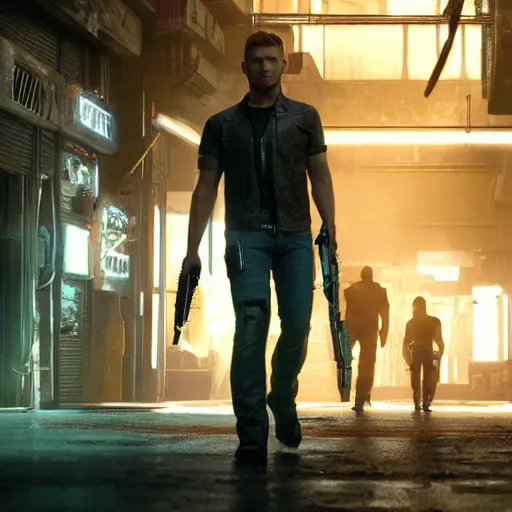 Prompt: a detailed sci fi concept art of an extremely handsome jensen ackles as the terminator walking down a dark alley in cyberpunk 2 0 7 7, holding two sawed off shotguns, volumetric lighting, octane render, 8 k, art by greg rutkowski and albert bierstadt and alphones mucha