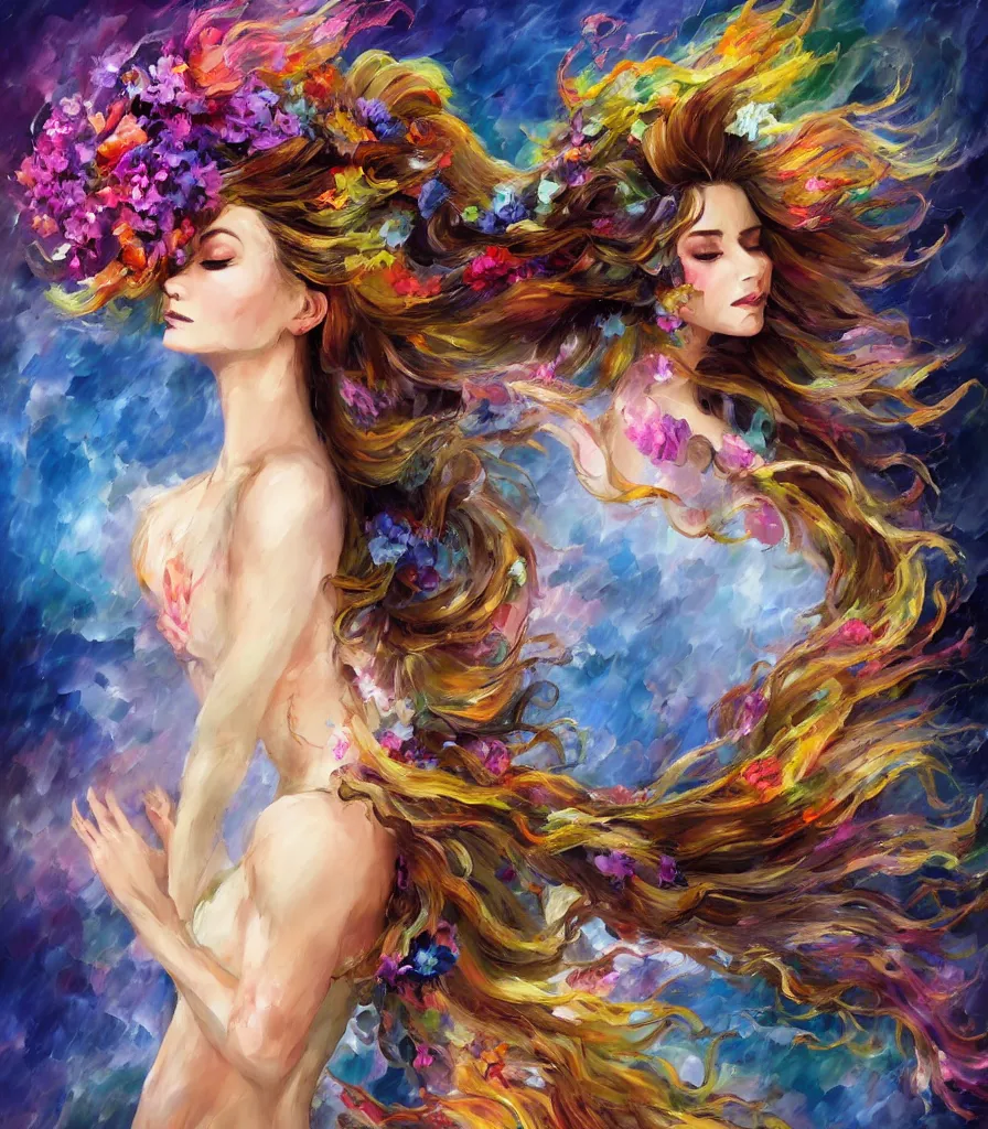 Prompt: a colorful and provenance illustrations painting of the fantasy female who with floral wing, highly detailed, her hair made of hair made of air wind and curling smoke, mist, dust, genie, spirit fantasy concept art, art by afremov and leonid, trending on artstation.