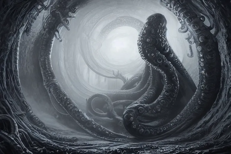 Prompt: ultra realist soft painting of the world of Lovecraft and Giger, gigantic oily tentacles and eyes, very intricate details, ultra dense fog, golden ratio, volumetric black and white lighting, reflections, refractions, symmetry accurate anatomy features, octane render