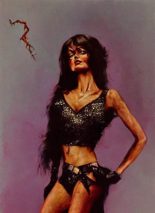 Prompt: seventies slim young horror actress, sequin top, dark forest, strong line, deep color, beautiful! coherent! by brom, by frank frazetta,