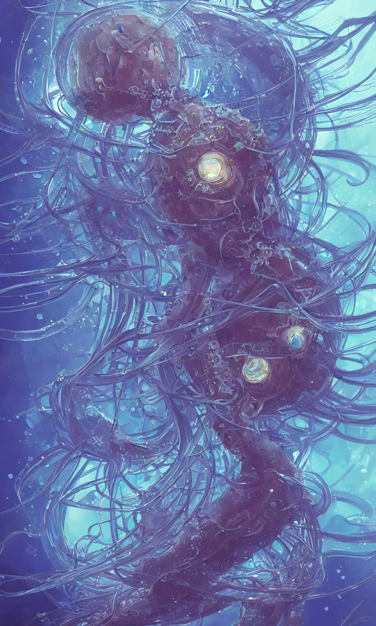 Image similar to Panorama hyper detailed painting of a cyberpunk jellyfish, blue tones, underwater, 8 mm, highly detailed, digital painting, artstation, concept art, smooth, sharp focus, illustration, art by artgerm and greg rutkowski and alphonse mucha