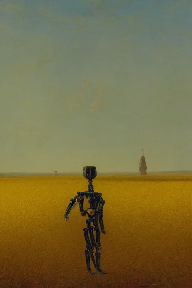 Prompt: painting of the back view of a humanoid robot, standing in the vast yellow wheat fields, looking at many distant gargantuan tall buildings by Ivan Aivazovsky