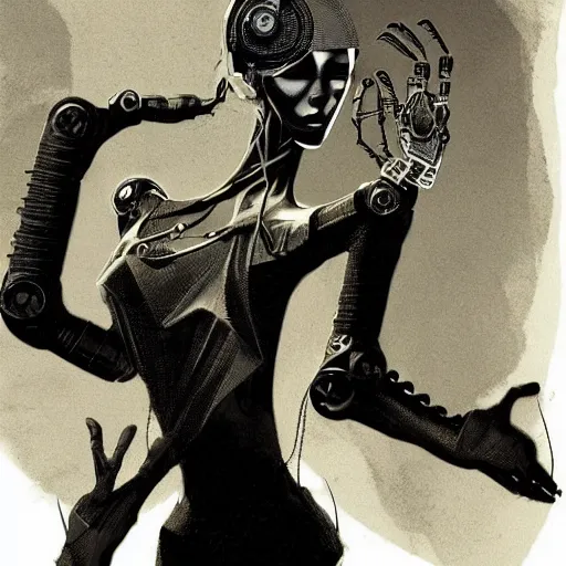 Image similar to ccyborg man, thin, short hair, small scar on the chin, a robotic arm and big shoes, sophisticated clothing with some steampunk elements, gesture dynamic, organic, appealing, book cover, deep shadows, by Dave McKean sketch lineart for character design