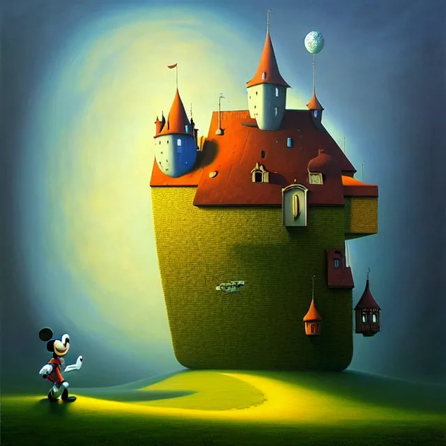 Prompt: gediminas pranckevicius an oil on canvas portrait painting of mickey mouse, surrealism, surrealist, cosmic horror, rob gonsalves, high detail fantastic world castle happy place, volumetric light godray