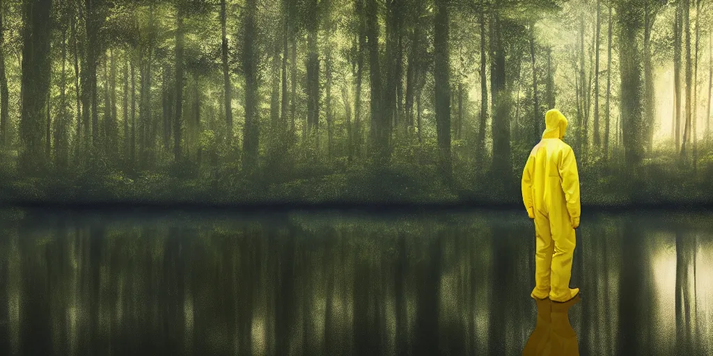 Image similar to a mysterious man in a yellow hazmat suit stands in a small lake with reflections in a detailed forest, painting, concept - art, rendering, octane, redshift, cinematic composition, volumetric lighting