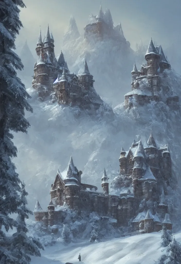 Image similar to a painting of a castle in the middle of a snowy mountain, a detailed matte painting by andreas rocha and greg rutkowski, featured on artstation, fantasy art, matte drawing, matte painting, artstation hq