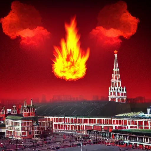 Image similar to high quality photo of Red Square with flames and mushroom cloud on background, highly detailed, 8k, professional