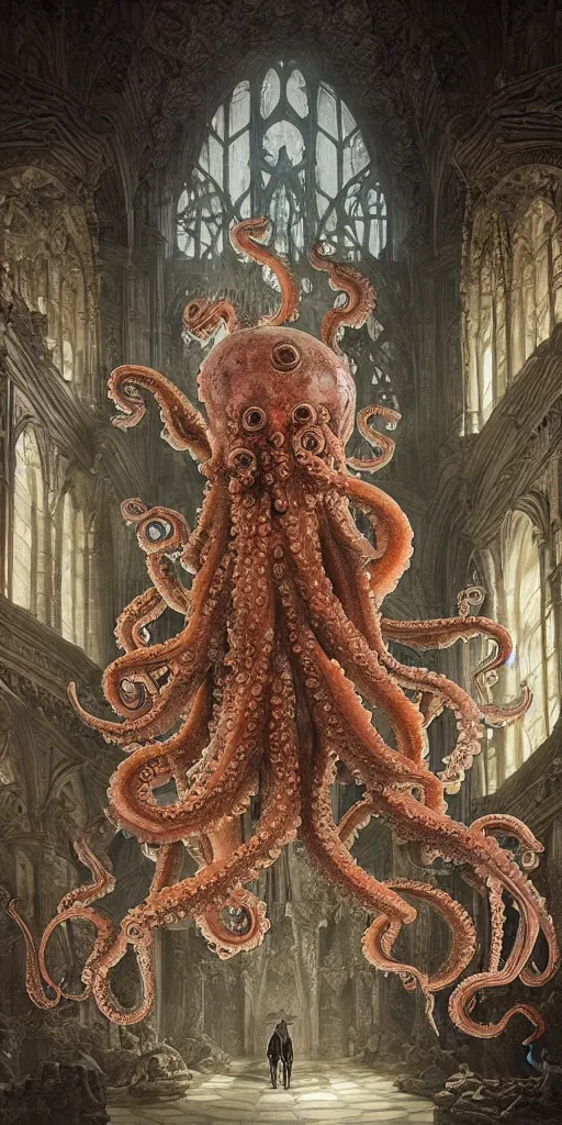 Image similar to group of mankind species mages with enormous translucent octopus heads floating around inside an ancient mage castle hall colossal scale, gothic and baroque, brutalist architecture, ultradetailed, intricate details by Ellen Jewett and Josan Gonzalez and Giuseppe Arcimboldo