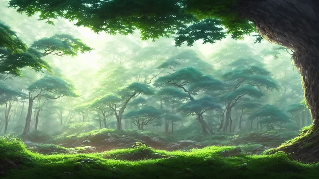 Image similar to forest clearing landscape, studio ghibli, pixar and disney animation, sharp, rendered in unreal engine 5, highly detailed, digital painting, artstation, concept art, smooth, sharp focus, illustration, wide angle, artbook, wallpaper, splash art, promo art, dramatic lighting, art by artgerm and greg rutkowski and bo chen and jin xiaodi