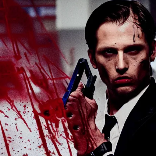 Image similar to Leon Kennedy from Resident Evil as The American Psycho, sweating intensely, cinematic still