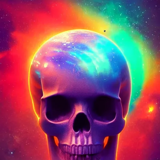 Image similar to planet shaped like a skull, colorful, glow, energy, galaxy, ethereal, cinematic, epic, 8k, ultra detailed, Artstation, Trending on Artstation, Artstation HQ, Artstation HD, deviant art, Pinterest, digital art,