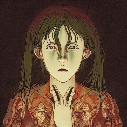 Prompt: human with a mirror for a face by studio ghibli, color, gothic art, highly detailed, detailed, dramatic, scary, horror, eerie, dramatic, 8 k