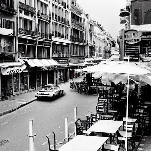 Prompt: une rue de paris vide avec des voitures garees, un restaurant avec une terrasse, des boutiques avec des neons, en debut de matinee en 1 9 8 0