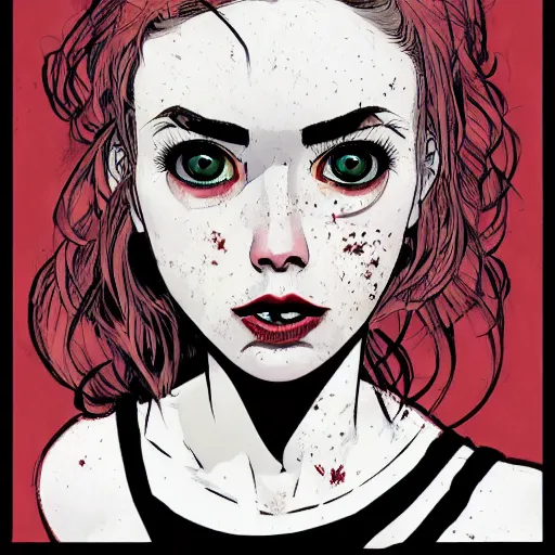 Image similar to Highly detailed portrait of pretty punk zombie young lady with, freckles and beautiful hair by Atey Ghailan, by Loish, by Bryan Lee O'Malley, by Cliff Chiang, inspired by image comics, inspired by graphic novel cover art, inspired by izombie, inspired by scott pilgrim !! Gradient red, black and white color scheme ((grafitti tag brick wall background)), trending on artstation