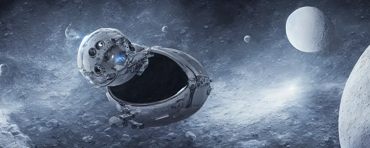 Image similar to moon as a hollow spaceship, [ scifi, cinematic, 8 k, photorealistic, ultra detailed, giger ]