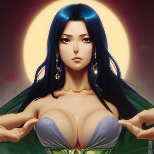 Image similar to highly detailed vfx portrait of nico robin by eiichiro oda!, yusuke murata, magali villeneuve, greg rutkowski, makoto shinkai, tom bagshaw, alphonse mucha, sharp focus, art by artgerm and stanley kubrick, backlit, johannes vermeer, fiona staples, harsh overhead sunlight,