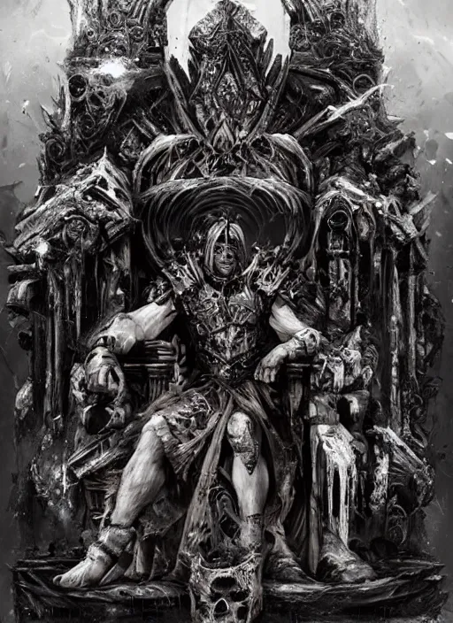 Image similar to the ruined king sitting on a throne made of skulls, concept art, digital illustration, trending on artstation, deviantart, artgerm, epic composition, masterpiece, highly detailed, perfect face, realistic face, wlop, ross draws