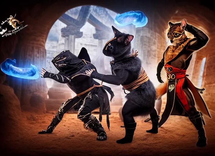 Image similar to hamster dressed as scorpion fights a cat dressed as sub zero in mortal kombat on the background of an ancient temple with a giant shao kahn laughing. fantasy magic style. highly detailed 8 k. intricate. lifelike. soft light. sony a 7 r iv 5 5 mm. cinematic post - processing