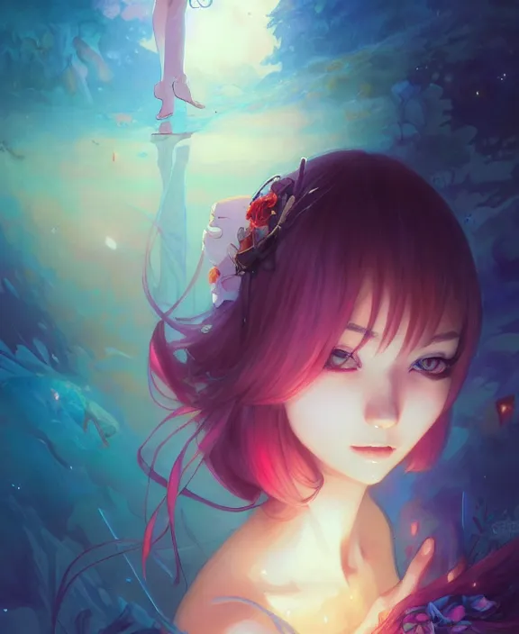 Prompt: ' lost in a lucid dream, my soul drifted away ', conservatively dressed, masterpiece, bold complimentary colors, very very kawaii, masterfully illustrated by artgerm, stephen bliss, greg rutkowski, loish, rhads, makoto shinkai and lois van baarle, ilya kuvshinov, rossdraws.