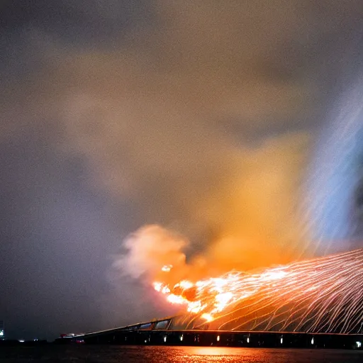 Image similar to Crimean bridge explosions, dslr, photojournalism, award winning photo, shot on Leica, copyright by New York Times, volumetric lighting