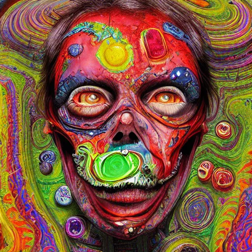 Prompt: a high hyper - detailed painting with complex textures of the face of contradictions in fusion, when determinism and the indeterminate play strange syntheses awakening chaotic, deformed beings and rebellious monsters made of candies and psychotropic psychoactive substances psychedelic fulcolor spiritual chaos surrealism horror bizarre psycho art