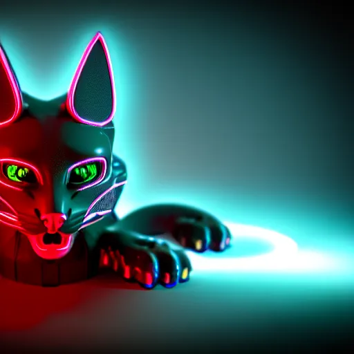 Image similar to cybertronic devil cat , 3d render , LEDs , octane render , 4k , rim lighting