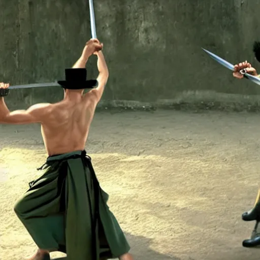 Prompt: real-life zoro, a still of a sword fight film