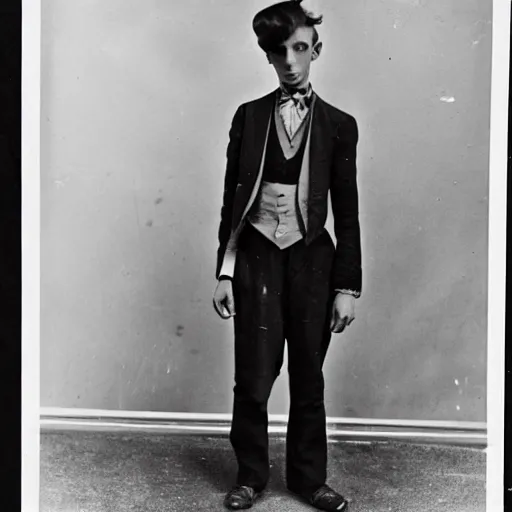 Image similar to Photograph of a young anorexic 1930s outcast man with very long hair and extravagant clothes