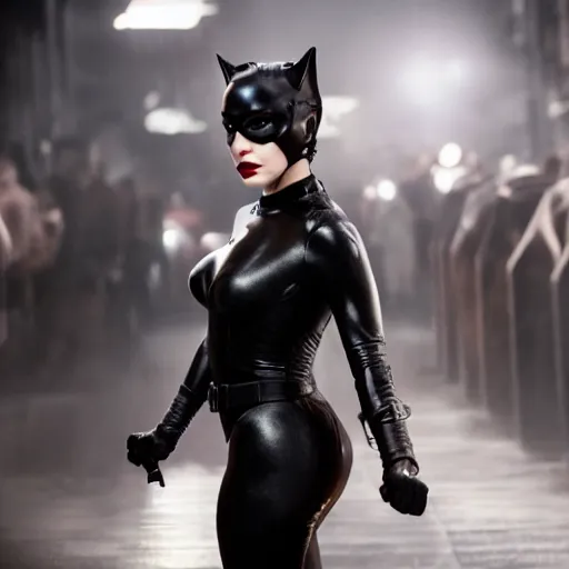Prompt: real-life Catwoman, cinematic, Wide-shot, atmospheric lighting, directed by Quentin Tarantino, extreme detail, 8K, movie still