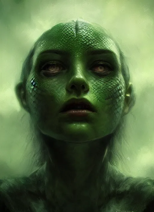 Image similar to portrait of a ominous girl, perfect green eyes, detailed reptile skin, ultra realistic, cinematic lighting, depth of field, artstation, Seb McKinnon