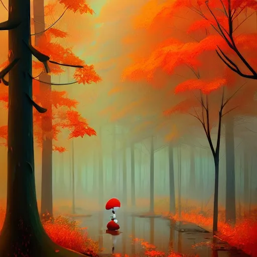 Prompt: goro fujita ilustration a beautiful autumn forest while it is raining heavily., painting by goro fujita, sharp focus, highly detailed, artstation