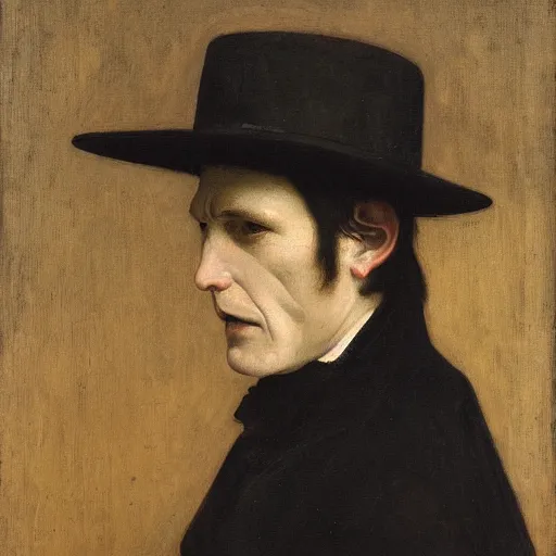 Prompt: frontal portrait of an elegant centuries old vampire by pietro annigoni, oil on canvas, 1 8 9 5, musee d'orsay