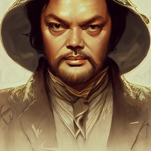 Image similar to orson welles, portrait, western, steampunk, duster, fantasy, intricate, elegant, highly detailed, digital painting, artstation, concept art, sharp focus, illustration, art by artgerm and greg rutkowski and alphonse mucha